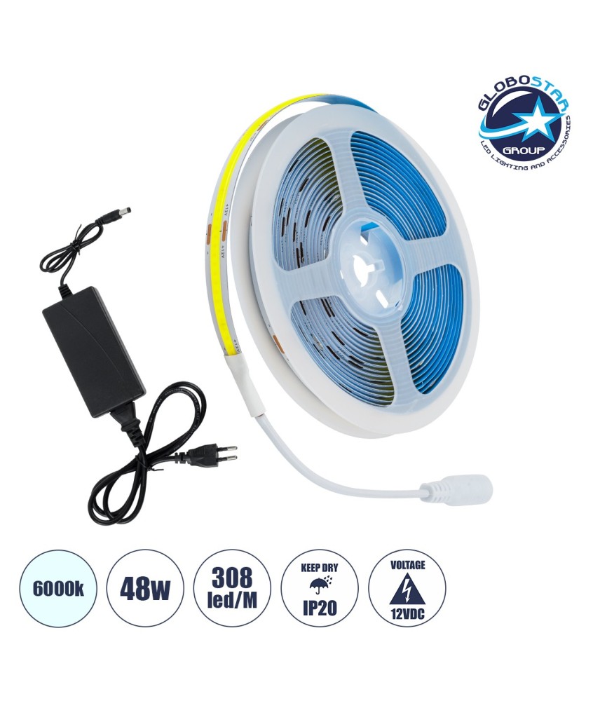 GloboStar® 70417 Σετ Ταινία COB LED 5m 48W-5m 308LED-m 864lm-m 120° DC 12V IP20 με Τροφοδοτικό Ψυχρό Λευκό 6000K